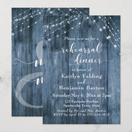 Rustic Blue Wood & Light Strings Rehearsal Middag Inbjudningar