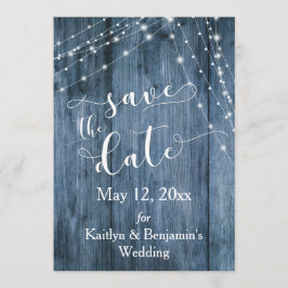 Rustic Blue Wood, Light Strings Save Date Spara Datumet