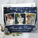 Rustic Blue Wood Ljus Snöre 3 Photo Save Date Inbjudan Vykort<br><div class="desc">Rustic Blue Wood String Ljus och Snöre 3 Photo Save Date Förlovning Announting Postcard</div>