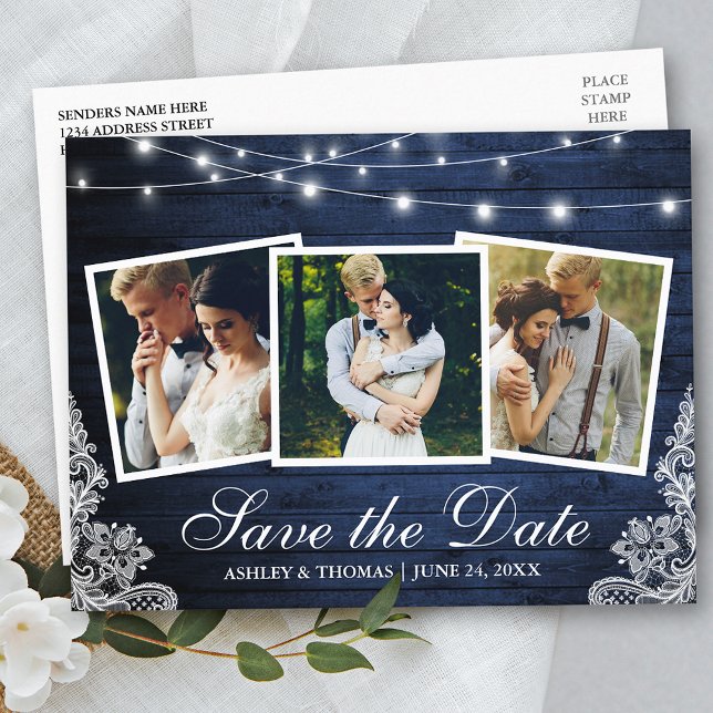 Rustic Blue Wood Ljus Snöre 3 Photo Save Date Inbjudan Vykort (Customize to change text size or text style.)
