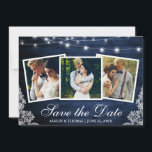 Rustic Blue Wood Ljus Snöre 3 Photo Save Date Spara Datumet<br><div class="desc">Rustic Blue Wood String Ljus och Snöre 3 Photo Save Date Förlovning Announcement Card</div>