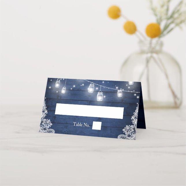 Rustic Blue Wood Mason Burk Ljus Snöre Bröllop Placeringskort (Framsida)