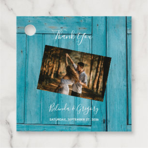 Rustic Blue Wood Photo Bröllop Gift Gåvor Etiketter