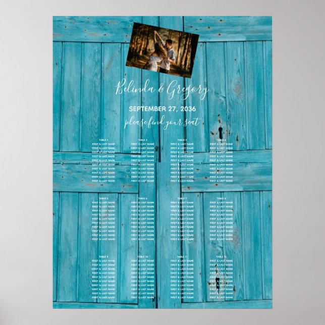 Rustic Blue Wood Photo Bröllop Seating Chart Poster (Framsidan)