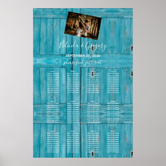Rustic Blue Wood Photo Bröllop Seating Chart Poster (Framsidan)
