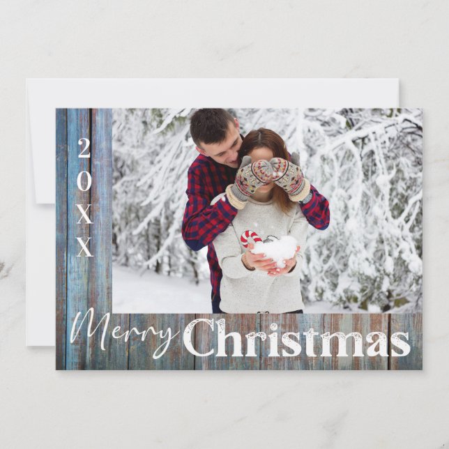 Rustic Blue Wood Photo God jul Card Inbjudningar (Framsida)