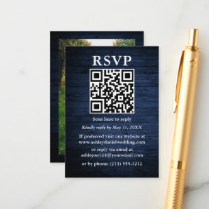 Rustic Blue Wood Photo QR-Bröllop OSA Tilläggskort