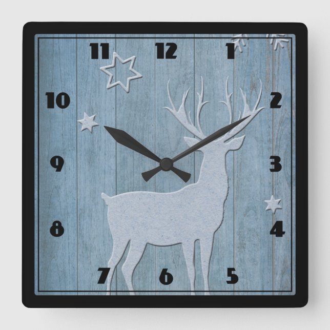Rustic Blue Wood Reindeer Land jul Fyrkantig Klocka (Framsida)