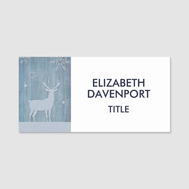 Rustic Blue Wood Reindeer Land jul Namnbricka (Framsida)