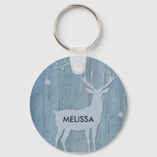 Rustic Blue Wood Reindeer Land jul Nyckelring