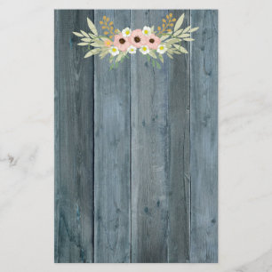 Rustic Blue Wood Rosa and Grönt Blommigt Brevpapper
