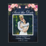 Rustic Blue Wood Rosa Blommigt Spara datumfoto Meddelande Vykort<br><div class="desc">Rustik Blue Wood Save the Date Förlovning Photo Postcard - Watercolor Rosa  Blommigt,  White Ram</div>