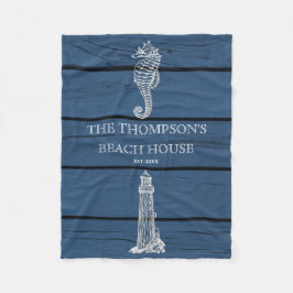 Rustic Blue Wood Seahorse Lighthouse Beach House Fleecefilt