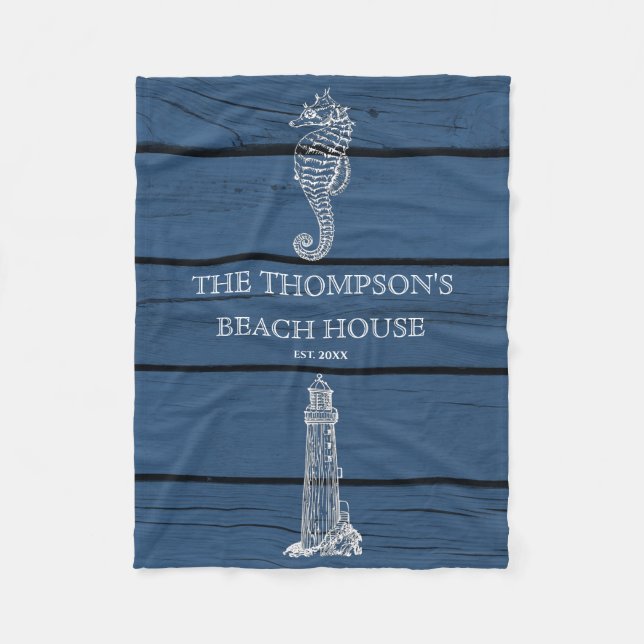 Rustic Blue Wood Seahorse Lighthouse Beach House Fleecefilt (Framsidan)