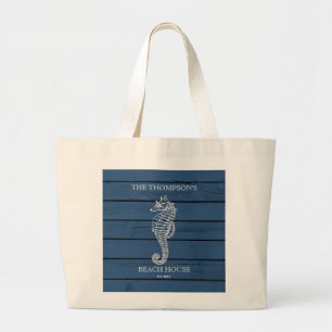Rustic Blue Wood Seahorse Lighthouse Beach House Jumbo Tygkasse