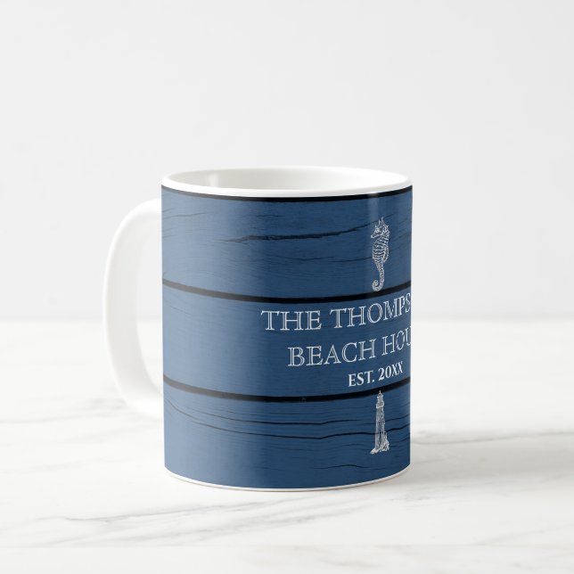 Rustic Blue Wood Seahorse Lighthouse Beach House Kaffemugg (Framsida vänster)