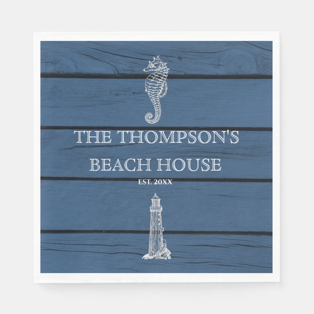 Rustic Blue Wood Seahorse Lighthouse Beach House Pappersservett (Framsidan)