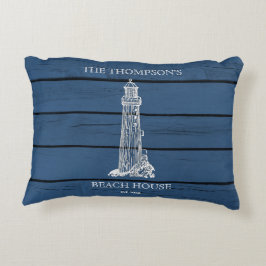 Rustic Blue Wood Seahorse Lighthouse Beach House Prydnadskudde