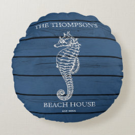 Rustic Blue Wood Seahorse Lighthouse Beach House Rund Kudde