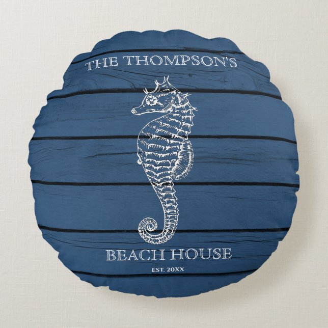 Rustic Blue Wood Seahorse Lighthouse Beach House Rund Kudde (Framsidan)