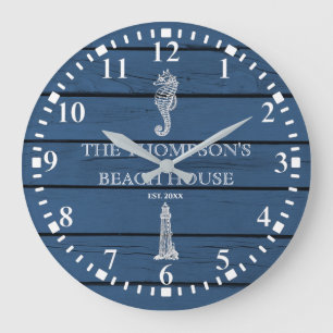 Rustic Blue Wood Seahorse Lighthouse Beach House Stor Klocka