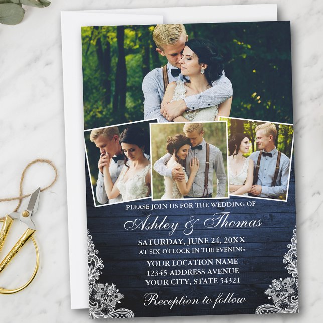 Rustic Blue Wood Snöre 4 Photo Bröllop Inbjudningar (Customize to add more text or more photos to back of card.)
