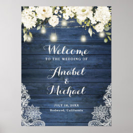 Rustic Blue Wood Snöre White Flower Välkomstskylt Poster