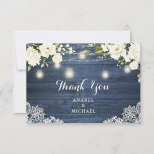 Rustic Blue Wood Snöre White Flowers Bröllop Tack Kort
