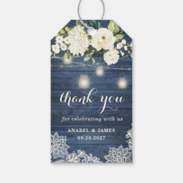 Rustic Blue Wood Snöre White Flowers Mason Burk Presentetikett