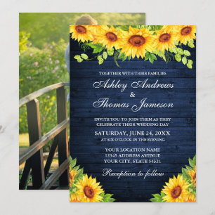 Rustic Blue Wood Solros Blommigt Greenery Photo Inbjudningar