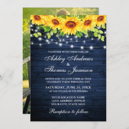 Rustic Blue Wood Solros Blommigt Ljus Photo Inbjudningar