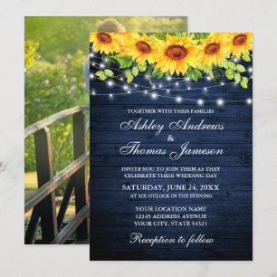 Rustic Blue Wood Solros Blommigt Ljus Photo Inbjudningar