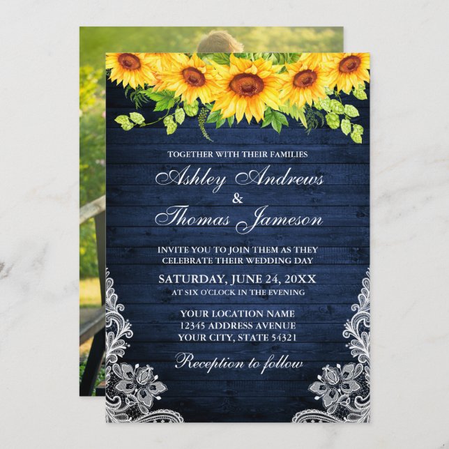 Rustic Blue Wood Solros Blommigt Snöre Photo Inbjudningar (Fram/baksida)