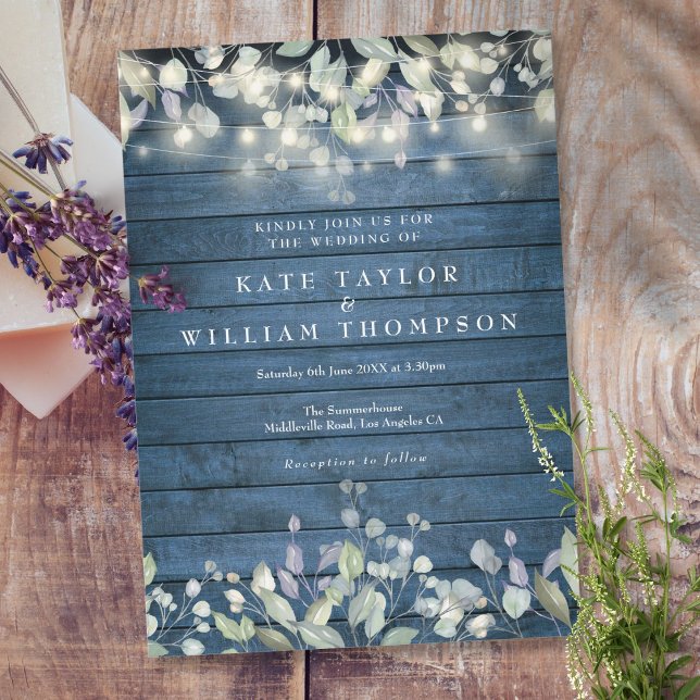 Rustic Blue Wood String Ljus Sage Lilac Bröllop Inbjudningar (Skapare uppladdad)