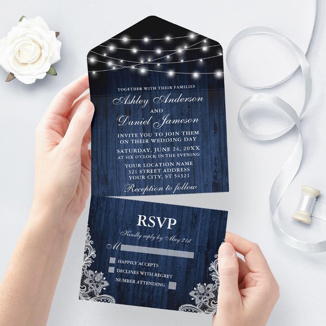 Rustic Blue Wood String Ljus Snöre Bröllop (All In One Wedding Invitation with tear off RSVP Card)