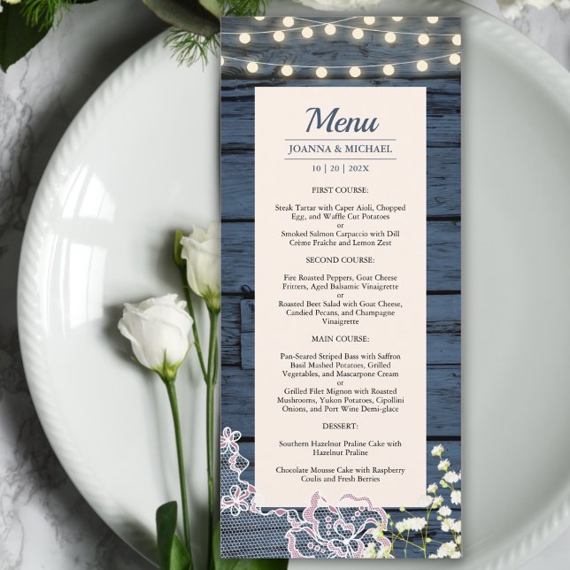 Rustic Blue Wood String Ljus & Snöre Bröllop Meny (Skapare uppladdad)