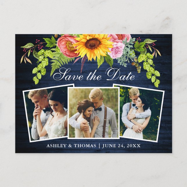 Rustic Blue Wood Sunsun Save the Date Photo Inbjudan Vykort (Framsida)