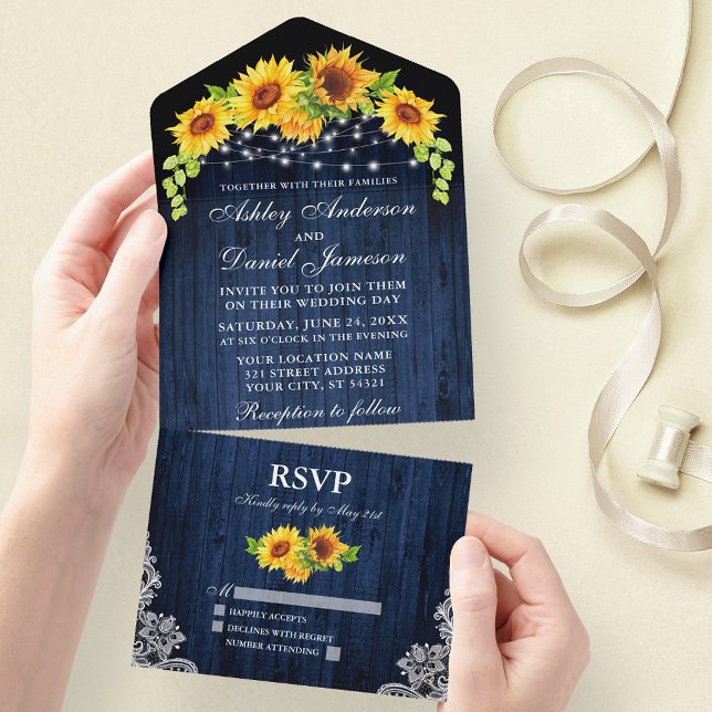 Rustic Blue Wood Sunwers Snöre Ljus Bröllop (All In One Wedding Invitation with tear off RSVP Card)