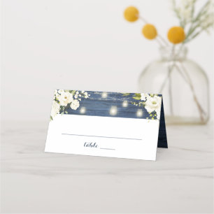 Rustic Blue Wood White Flowers Burk String Ljus Placeringskort