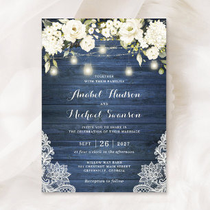 Rustic Blue Wood White Flowers Snöre Mason Burk Inbjudningar