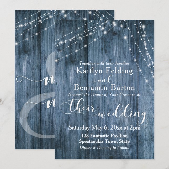 Rustic Blue Wood, White Light Strings Bröllop 2 Inbjudningar (Fram/baksida)