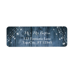 Rustic Blue Wood, White Light Strings Bröllop 2 Returadress Etikett