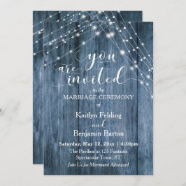 Rustic Blue Wood, White Light Strings Bröllop Inbjudningar