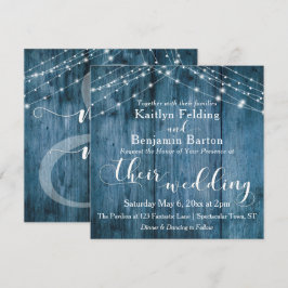 Rustic Blue Wood, White Light Strings Bröllop Inbjudningar