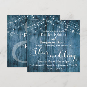 Rustic Blue Wood, White Light Strings Bröllop Inbjudningar