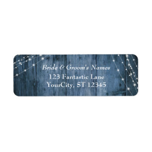 Rustic Blue Wood, White Light Strings Bröllop Returadress Etikett