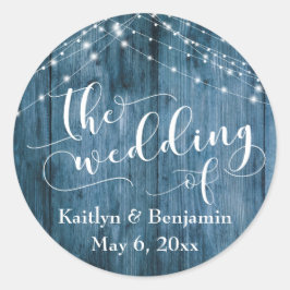 Rustic Blue Wood & White Light Strings Bröllop Runt Klistermärke