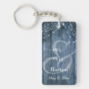 Rustic Blue Wood, White Light Strings Mr & Mrs.