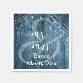 Rustic Blue Wood, White Light Strings Mr & Mrs. Pappersservett