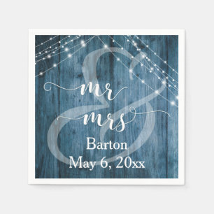 Rustic Blue Wood, White Light Strings Mr & Mrs. Pappersservett